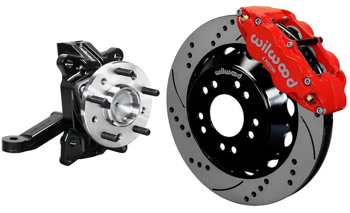 63-70 CHEVY C10 FRONT DISC BRAKE KIT & WILWOOD ALUM DROP SPINDLES,14″ DRILL,RED