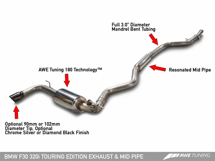 AWE Tuning 13-18 BMW 320i (F30) Touring Edition Exhaust w/ Performance Mid Pipe – Diamond Blk Tips