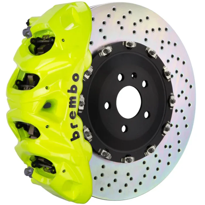 Brembo 14+ Model S AWD w/ DC (Excl Plaid) Fr GT BBK 8Pis Cast 412×38 2pc Rtr Drill-Fluo. Yellow
