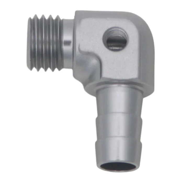 DeatschWerks Metric M12 to 3/8in Hose Barb 90-Degree Fitting w/ Venturi Port – Anodized DW Titanium