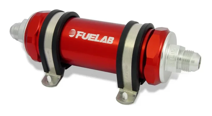 Fuelab 828 In-Line Fuel Filter Long -12AN In/Out 6 Micron Fiberglass – Red