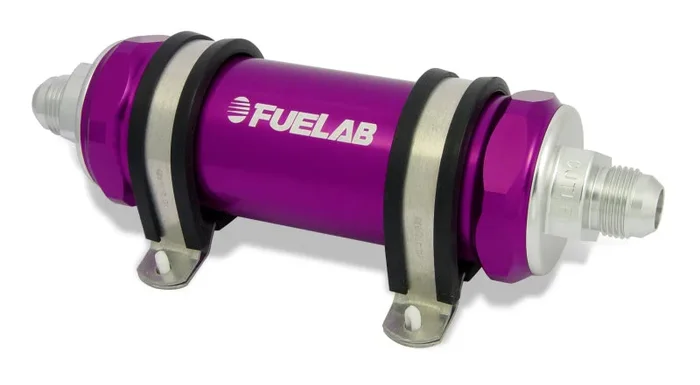 Fuelab 828 In-Line Fuel Filter Long -6AN In/Out 10 Micron Fabric – Purple