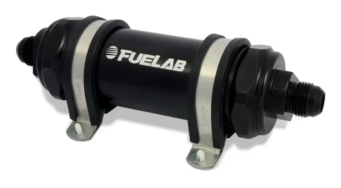 Fuelab 828 In-Line Fuel Filter Long -8AN In/Out 10 Micron Fabric – Black