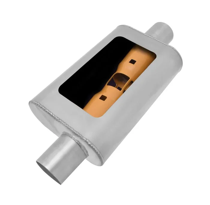 Gibson MWA Superflow Offset/Center Oval Muffler – 4x9x14in/2.5in Inlet/2.5in Outlet – Stainless