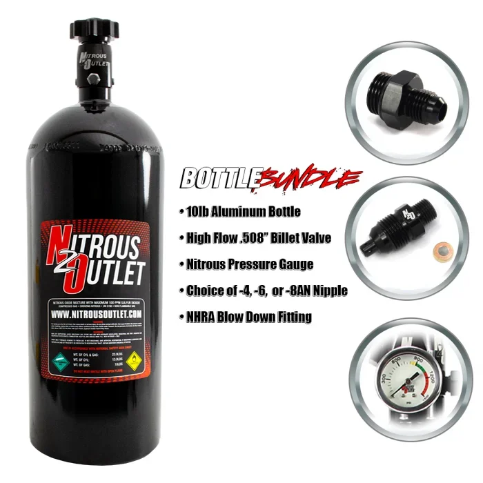 Nitrous Outlet 10lb Bottle Bundle – .508 ID Billet Valve/8AN Nipple/NHRA Blow Off/Pressure Gauge