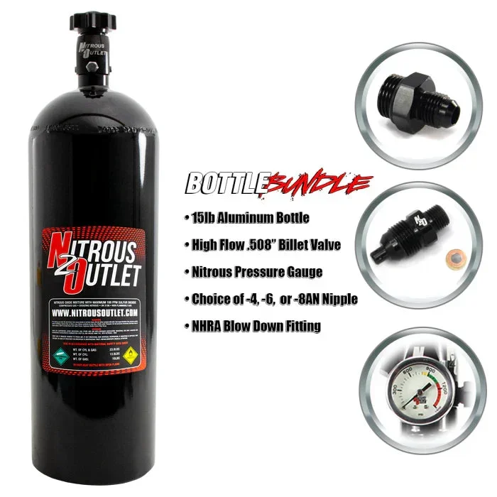 Nitrous Outlet 15lb Bottle Bundle – .508 ID Billet Valve/6AN Nipple/NHRA Blow Off/Pressure Gauge