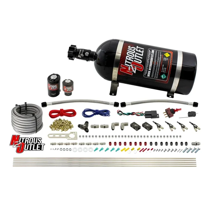 Nitrous Outlet 4 Cylinder Direct Port System – .122 Nitrous Solenoid/.177 Fuel Solenoid/Distribution Blocks/90 Degree Discharge Nozzles (Gas)(45-55 psi)(50-250HP)(10lb Bottle)