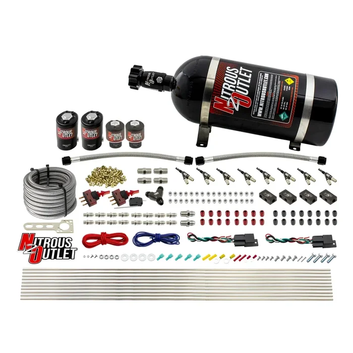 Nitrous Outlet 4 Cylinder Dual Stage Direct Port System – Two .122 Nitrous Solenoids/Two .177 Fuel Solenoids/Distribution Blocks/90 Degree Discharge Nozzles (Gas)(45-55 psi)(50-250HP)(10lb Bottle)