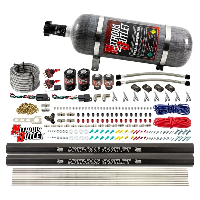 Nitrous Outlet 4 Cylinder Dual Stage Direct Port System – Two .122 Nitrous Solenoids/Two .177 Fuel Solenoids/Distribution Blocks/Annular Discharge Nozzles (Gas)(5-7-10 psi)(50-250HP)(12lb Bottle)