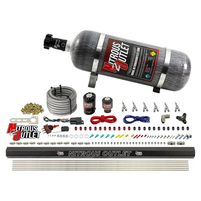 Nitrous Outlet 6 Cylinder Direct Port System – .122 Nitrous Solenoid/.177 Fuel Solenoid/Distribution Blocks/Annular Degree Discharge Nozzles (E85)(5-7-10 psi)(75-375HP)(12lb Bottle)