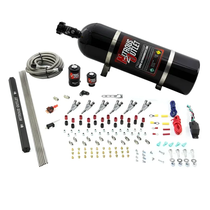 Nitrous Outlet 6 Cylinder Direct Port System – .122 Nitrous Solenoids/.177 Fuel Solenoids/Dual Passage Injection Rail/Annular Discharge Nozzles (Gas)(45-55 psi)(75-375HP)(15lb Bottle)