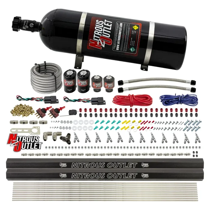 Nitrous Outlet 6 Cylinder Dual Stage Direct Port System – Two .122 Nitrous Solenoids/Two .177 Fuel Solenoids/Two Dual Passage Injection Rails/Annular Discharge Nozzles (Alcohol)(5-7-10 psi)(75-375HP)(15lb Bottle)