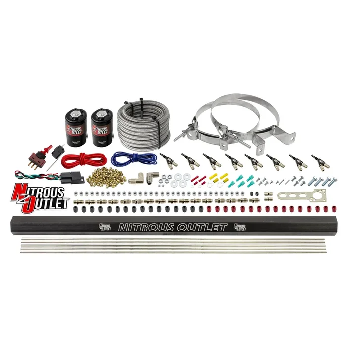 Nitrous Outlet 8 Cylinder Direct Port System – .122 Nitrous Solenoid/.310 Fuel Solenoid/Dual Passage Injection Rail/90 Degree Discharge Nozzles (Alcohol)(5-7-10 psi)(100-400HP)(No Bottle)