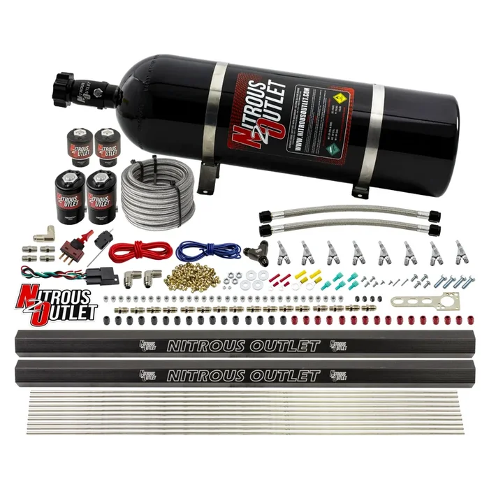 Nitrous Outlet 8 Cylinder Direct Port System – Two .112 Nitrous Solenoids/Two .177 Fuel Solenoids/Two Dual Passage Injection Rails/Annular Discharge Nozzles (E85)(5-7-10 psi)(100-400HP)(15lb Bottle)