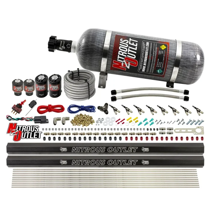 Nitrous Outlet 8 Cylinder Direct Port System – Two .112 Nitrous Solenoids/Two .177 Fuel Solenoids/Two Dual Passage Injection Rails/90 Degree Discharge Nozzles (Gas)(5-7-10 psi)(100-400HP)(12lb Bottle)
