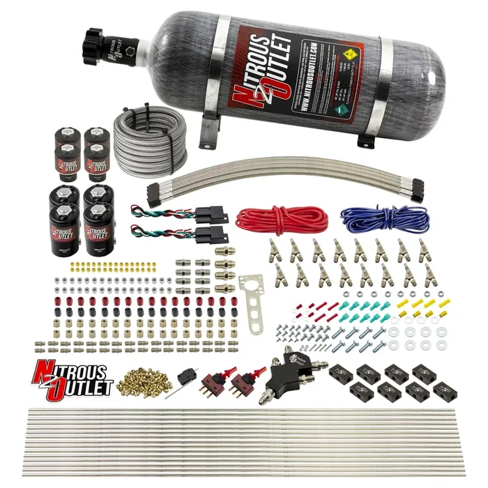 Nitrous Outlet 8 Cylinder Dual Stage Direct Port System – Four .112 Nitrous Solenoids/Four .177 Fuel Solenoids/Compact Distribution Blocks/Compression Fittings/Annular Discharge Nozzles (E85)(45-55 psi)(100-400HP)(12lb Bottle)