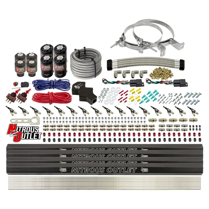 Nitrous Outlet 8 Cylinder Dual Stage Direct Port System – Four .112 Nitrous Solenoids/Four .177 Fuel Solenoids/Four Dual Passage Injection Rails/90 Degree Discharge Nozzles (Alcohol)(5-7-10 psi)(100-400HP)(No Bottle)