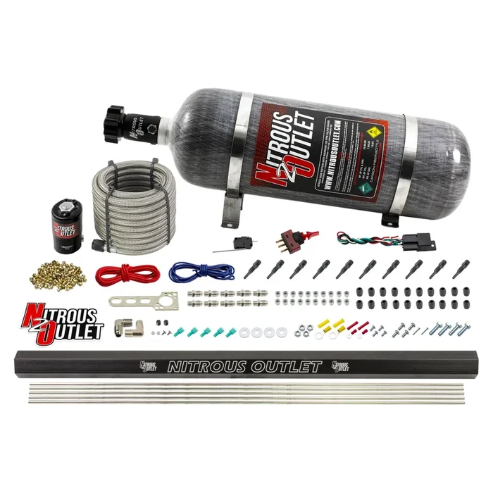 Nitrous Outlet Dry 10 Cylinder Direct Port System – .122 Nitrous Solenoid/Injection Rail/90 Degree Discharge Nozzles (125-375HP)(12lb Bottle)