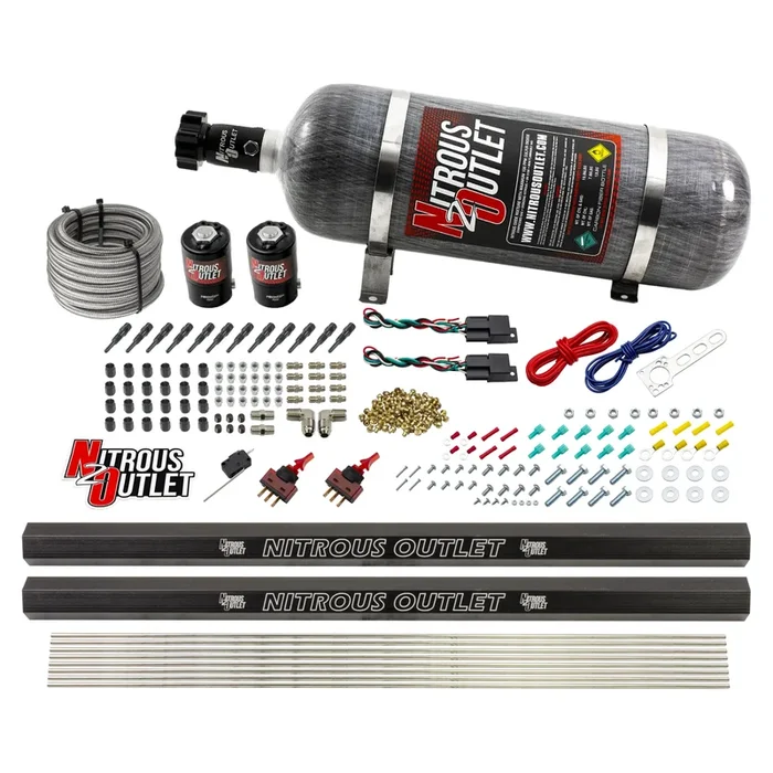 Nitrous Outlet Dry 6 Cylinder Dual Stage Direct Port System – Two .122 Nitrous Solenoids/Dual Passage Injection Rail/SBT Dual Passage Discharge Nozzles (75-375HP)(12lb Bottle)