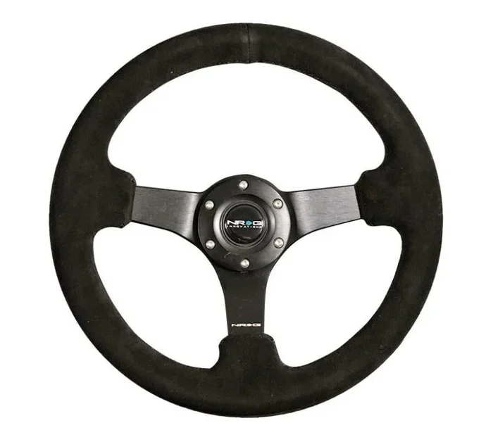 NRG Reinforced Steering Wheel (330mm / 3in Deep) Blk Suede w/Criss Cross Stitch w/Blk 3-Spoke Center4.1 lb