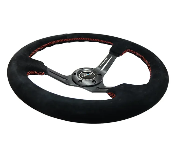 NRG Reinforced Steering Wheel (350mm / 3in. Deep) Blk Suede w/Red Stitching & 5mm Spokes w/Slits4.2 lb