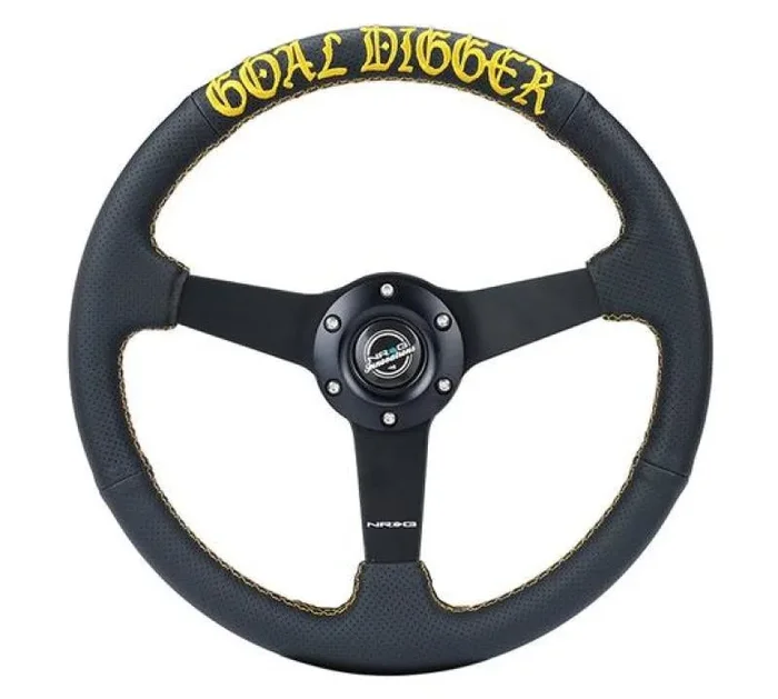 NRG Sport Steering Wheel (350mm / 1.5in Deep) Black Leather/Gold Stitch w/Matte Black Solid Spokes4.0 lb