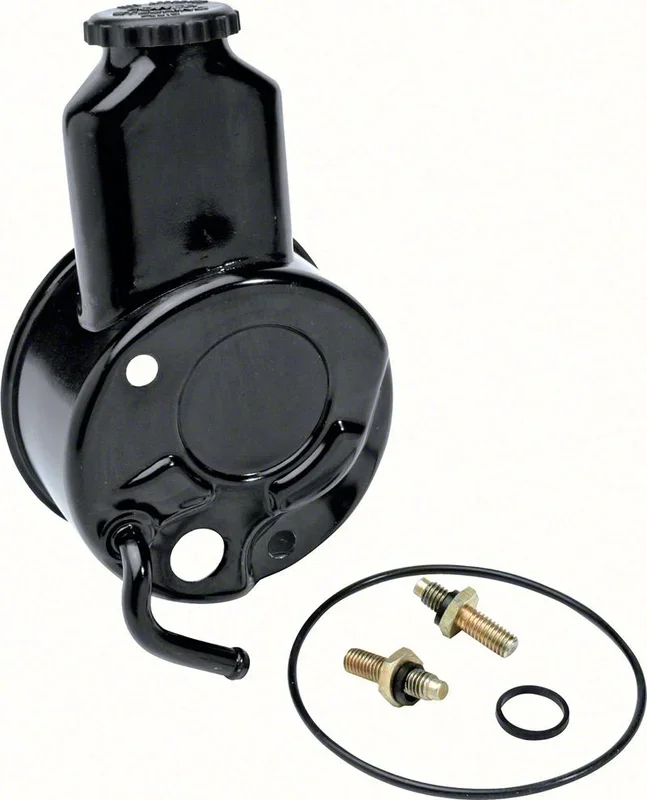 OER 1969 Camaro, Nova Power Steering Reservoir Black Powder Coat Small Block with Long Water Pump