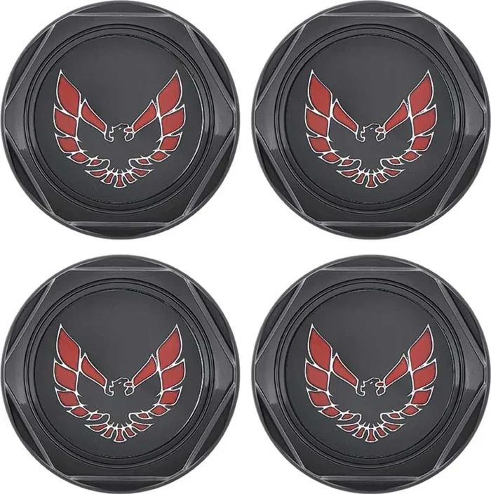 OER 1977-81 Firebird – Wheel Center Cap Set – Gloss Black w/ Early Red Bird Logo w/o Metal Clips (4 pc)