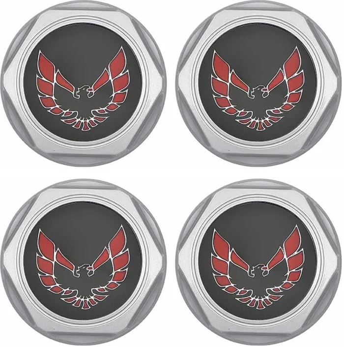 OER 1977-81 Firebird – Wheel Center Cap Set – Silver w/ Early Red Bird Logo with Metal Clips (4 pc)