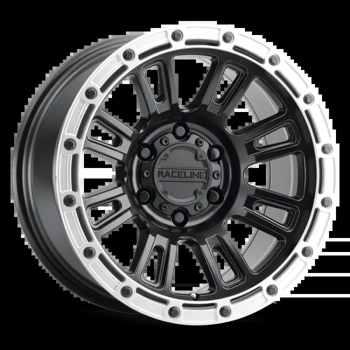 Raceline 956BS Compass 17x8in / 5×108 BP / 30mm Offset / 72.62mm Bore – Black & Silver Lip Wheel