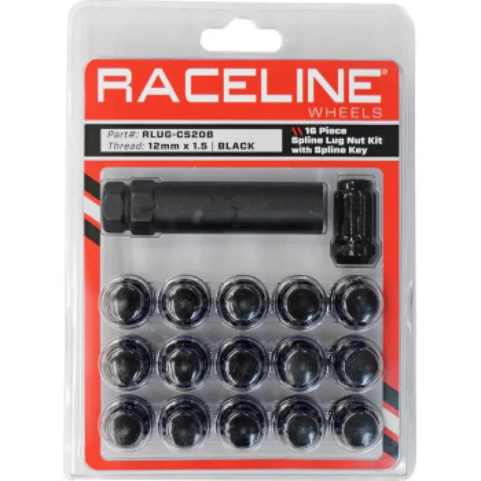 Raceline Spline Lug Nut Kit with Spline Key 12 x 1.5 – 16 Pack – Black