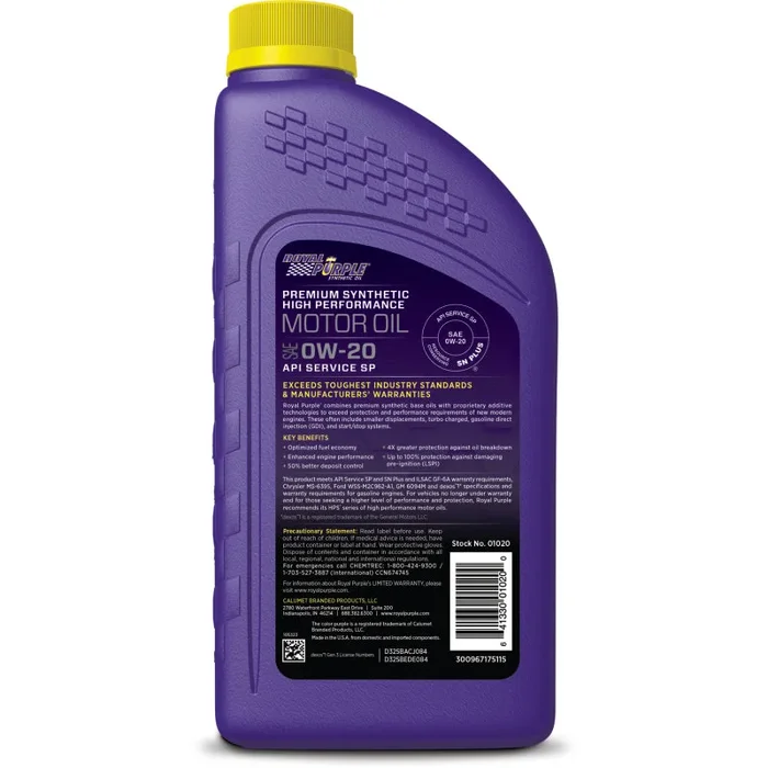 Royal Purple Premium Synthetic High Performance Multi-Grade 0W-20 Motor Oil – 1 Quart