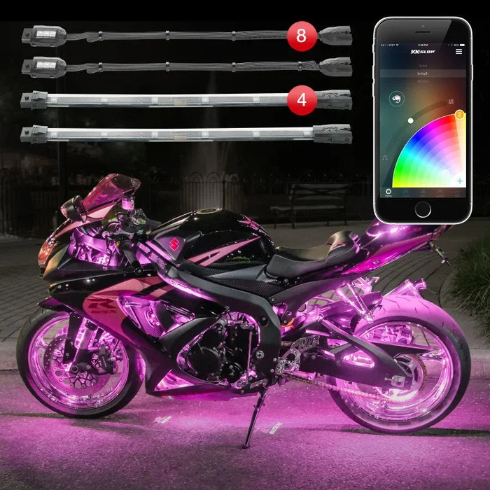 XK Glow Strip Million Color XKCHROME Smartphone App ATV/Motorcycle LED Light Kit 8xPod + 4x10In1.3 lb